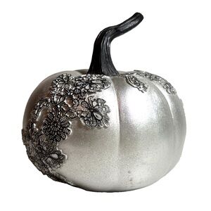 Silver And Black Lace Decorative Pumpkin Classy Halloween or Fall Decor 6.5 inch